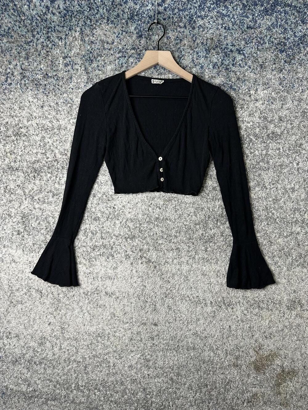 Free People Shirt Womens M/L Black Ribbed Button Front Bell Sleeve Cropped Top